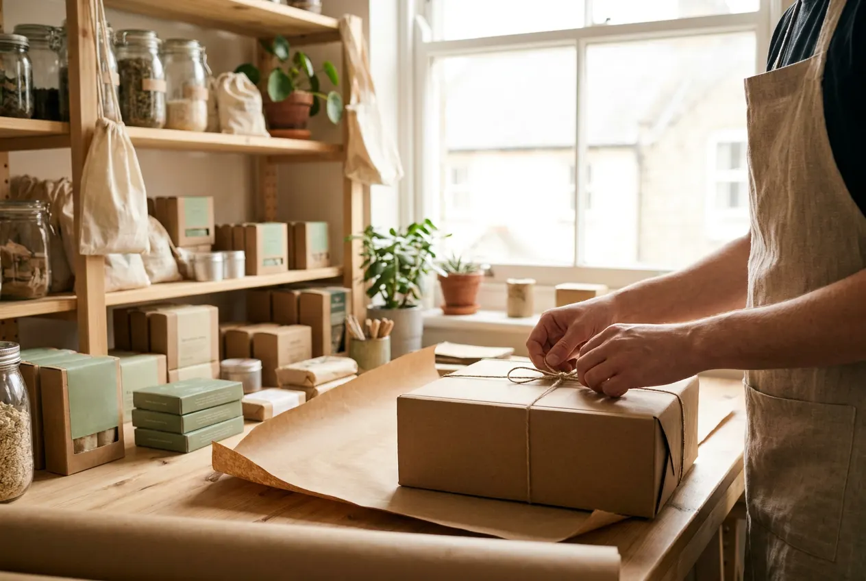 A small UK studio packing sustainable corporate gift boxes by hand