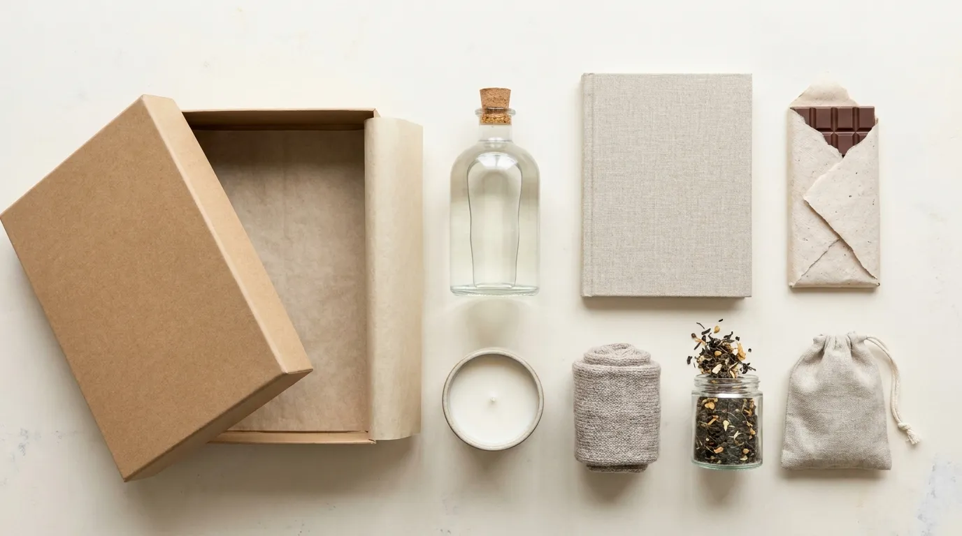 An open kraft corporate gift box on a linen-covered desk, partly filled with a notebook, a reusable bottle and wrapped treats, with extra items laid out beside it ready to be packed.