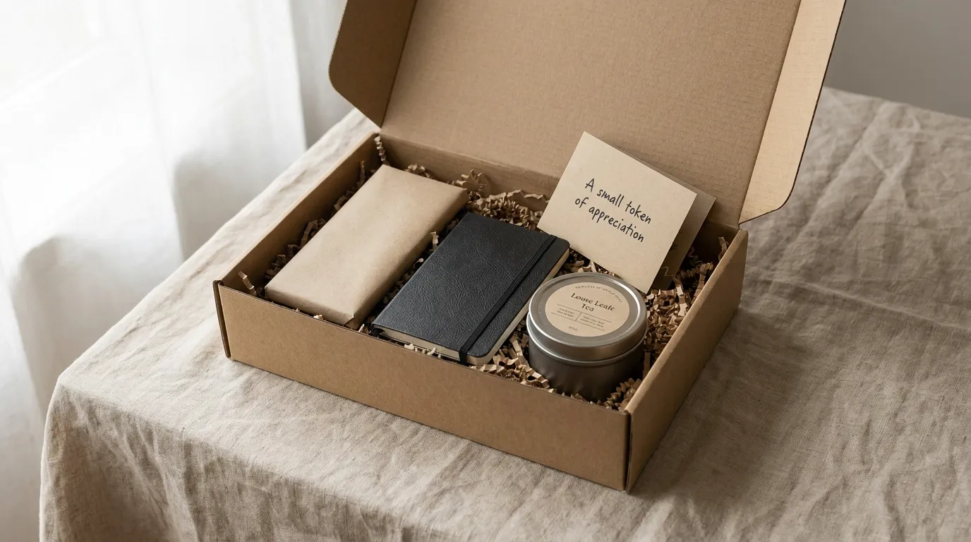 A small kraft gift box with a ceramic mug, a bar of chocolate and a folded note card on a plain linen surface.