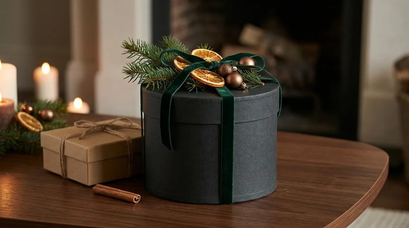 A festive client gift box in recyclable kraft packaging with a reusable bottle and a notebook tied with ribbon on a linen surface beside sprigs of greenery