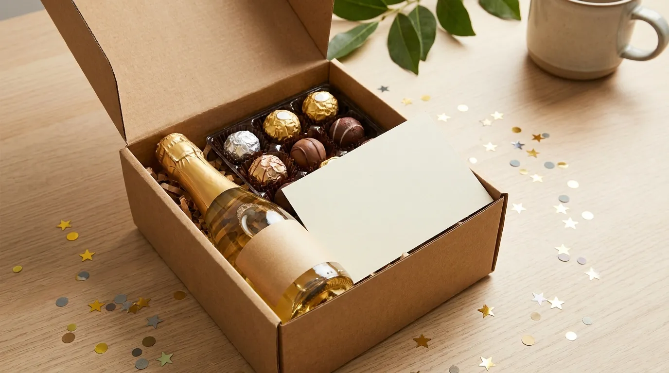 A celebratory gift box in kraft packaging tied with ribbon beside a card, a candle and a notebook on a tidy linen desk
