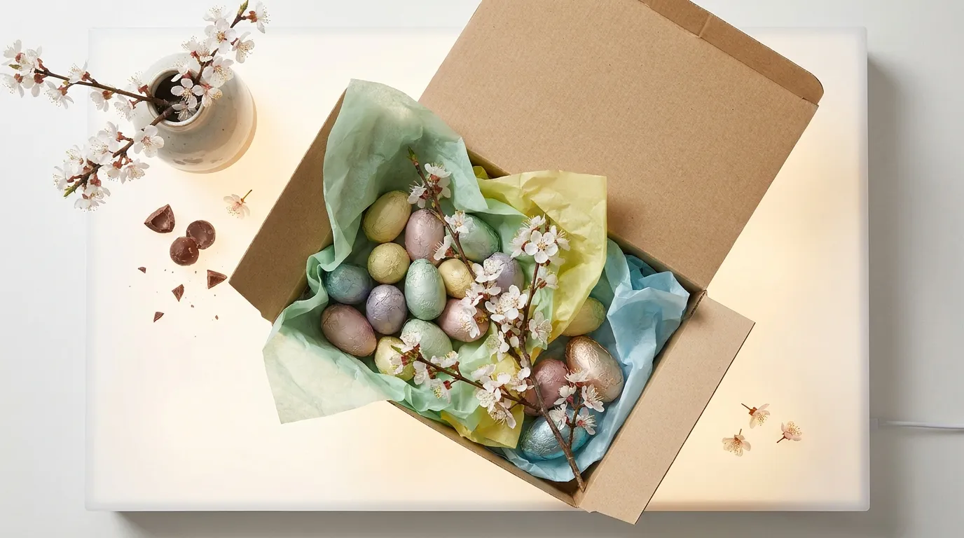 A spring gift box in recyclable kraft packaging with chocolate eggs, a small potted plant and a notebook on a pale linen surface