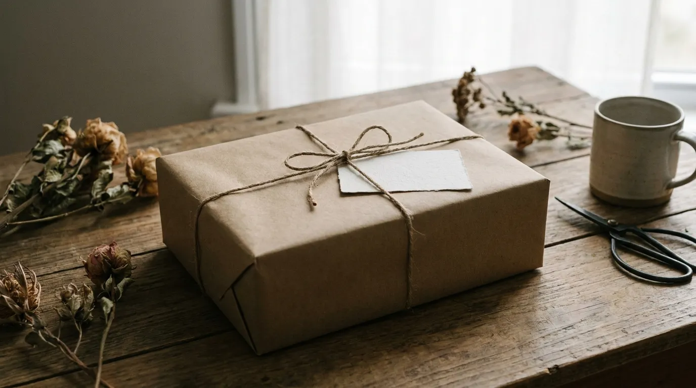 A neatly tied kraft gift box with a blank note card and a reusable bottle on a linen surface beside a desk