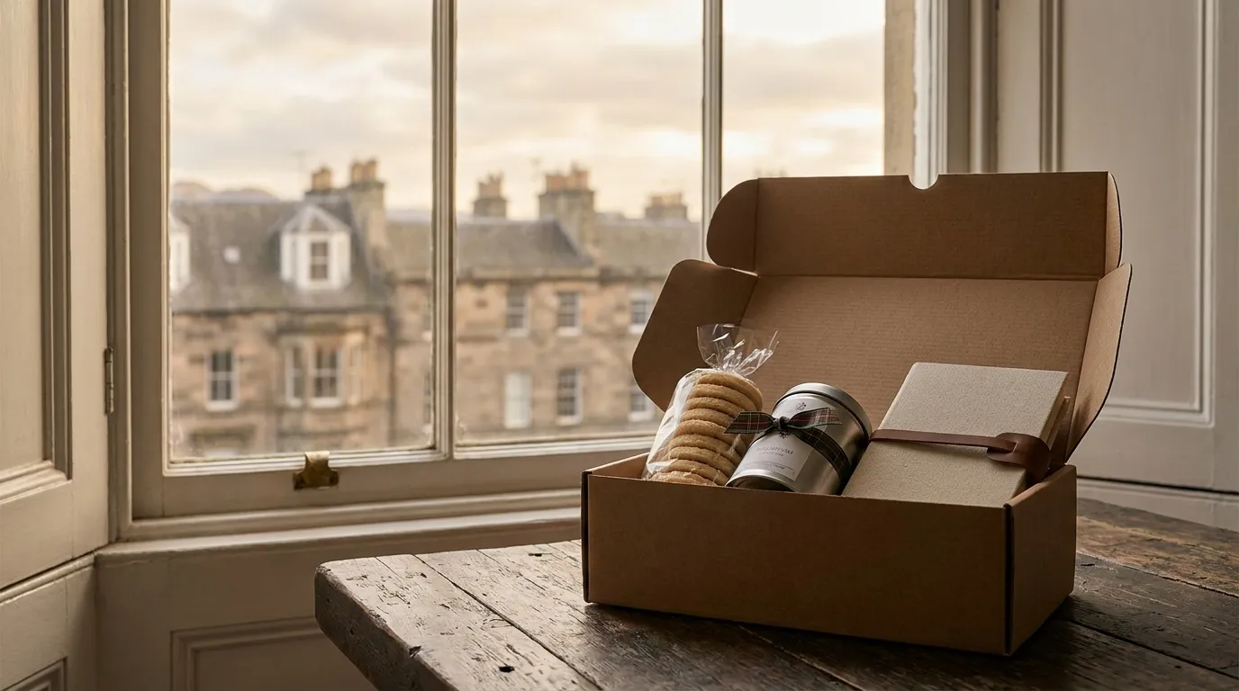 A row of corporate gift boxes in kraft packaging with a reusable bottle and a linen-bound notebook arranged on a tidy wooden desk.
