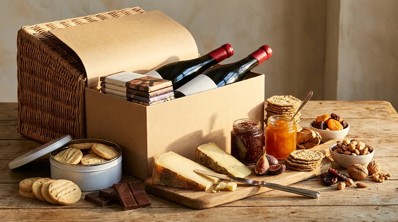 An open corporate hamper in recyclable kraft packaging with good treats, a reusable bottle and a printed card arranged on a linen surface beside a desk.