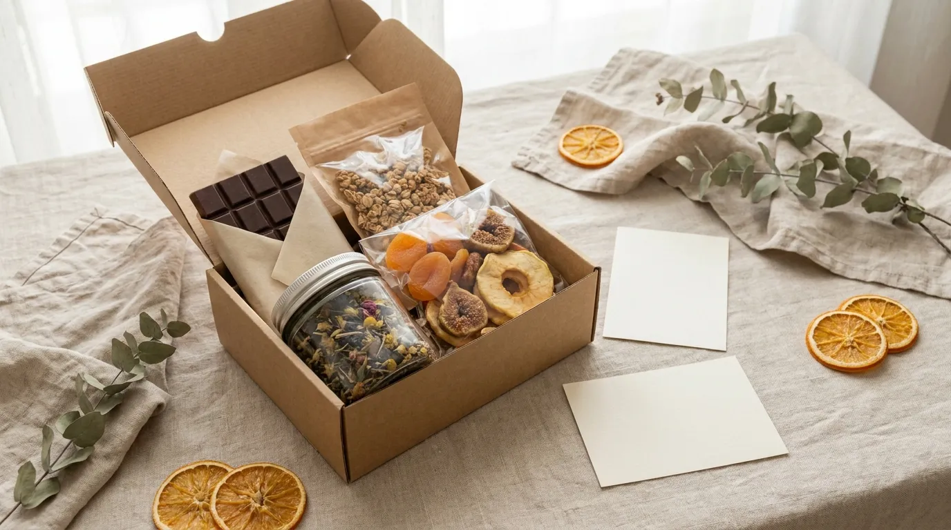 A spread of kraft gift boxes with chocolate, coffee, tea and dried fruit laid out on a linen surface beside ribbon and a blank card