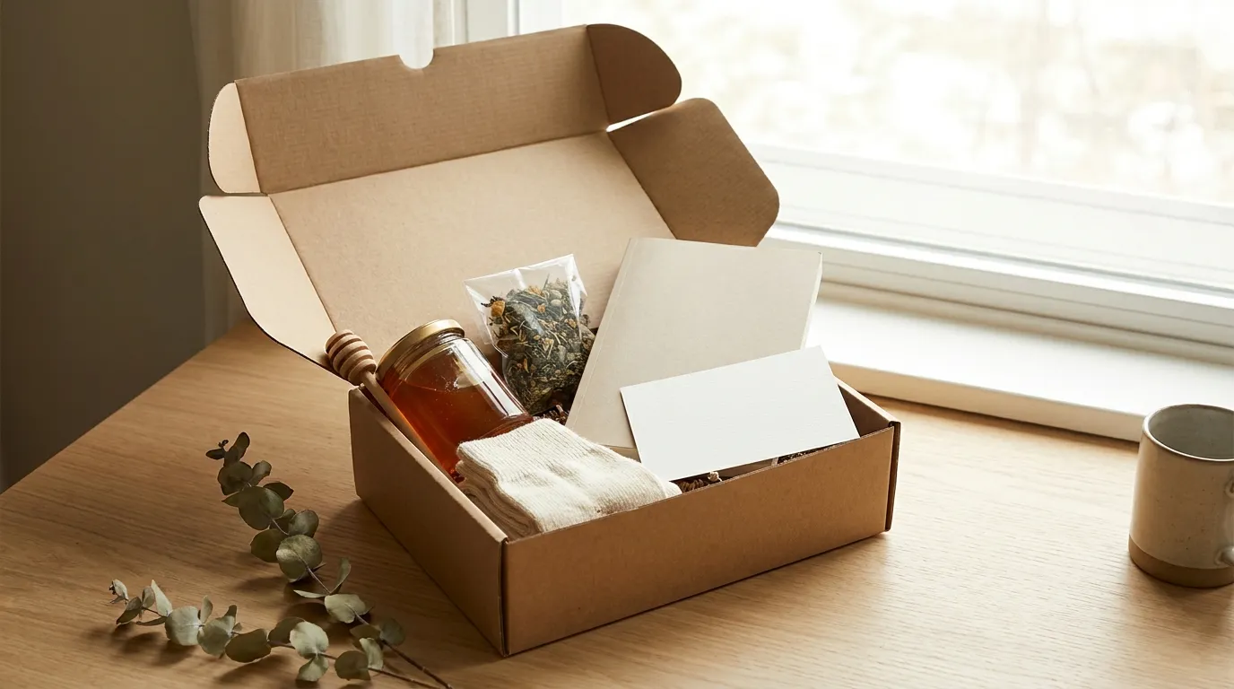 A small kraft gift box tied with ribbon beside a folded card, a candle and a mug on a soft linen surface