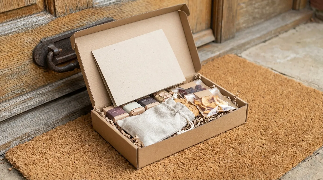 A flat kraft letterbox gift box opened on a doormat beside a notebook, a bar of chocolate and a small candle on a tidy hallway floor