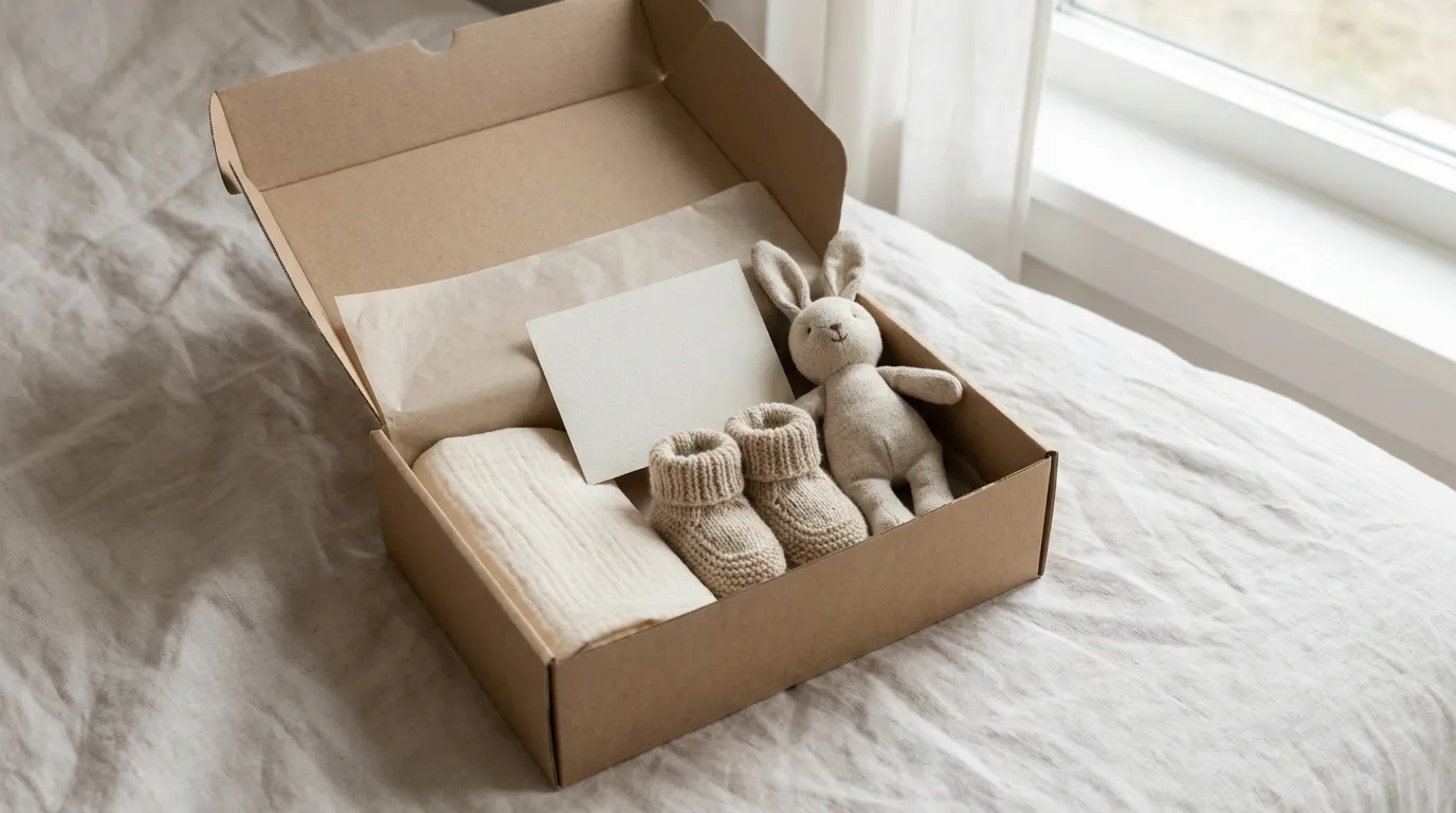 A soft kraft gift box tied with ribbon beside a folded muslin cloth, a candle and a card on a linen surface