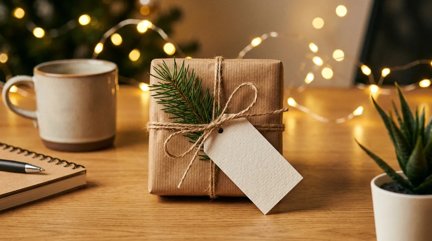 Several small wrapped gifts in kraft paper with name tags arranged on a linen-covered desk beside a notebook and a mug