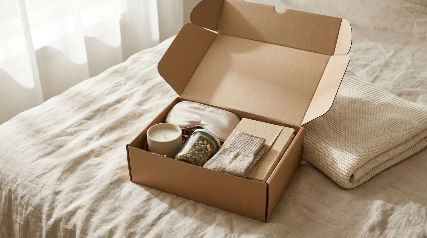 An open wellbeing box in recyclable kraft packaging holding a candle, a soft scarf, herbal tea and a notebook on a linen surface