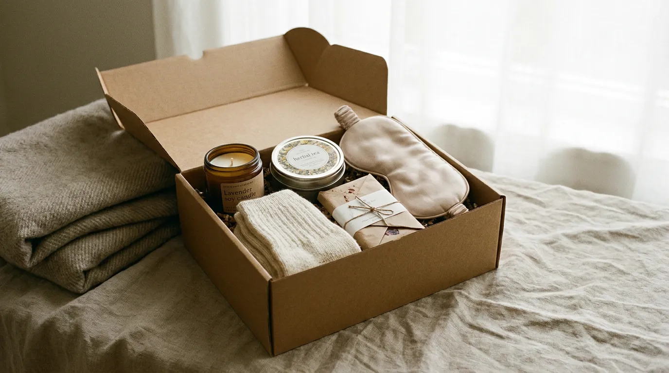 A kraft wellbeing gift box with herbal tea, a candle, soft socks and a bar of chocolate arranged on a linen surface