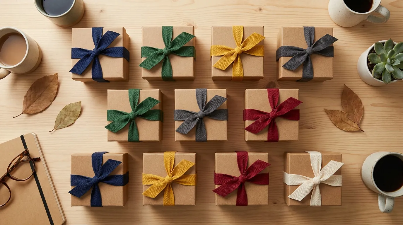 A row of kraft gift boxes tied with ribbon on a linen-covered desk, with a notebook, a candle and a card placed neatly alongside.